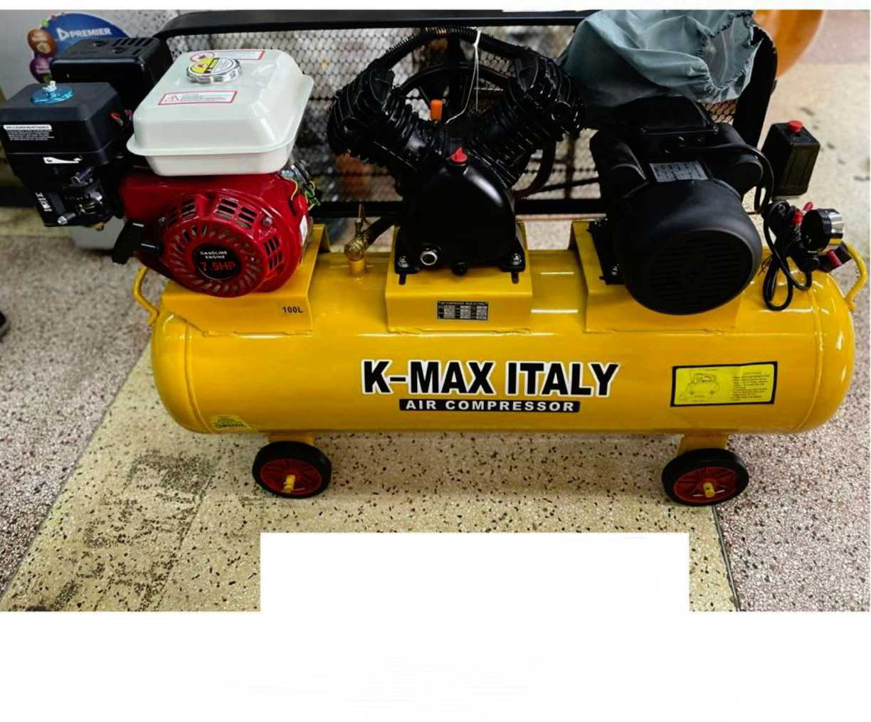 KMAX Italy 2in1 100Ltrs Air Compressor 3HP Motor + 7.5HP Petrol